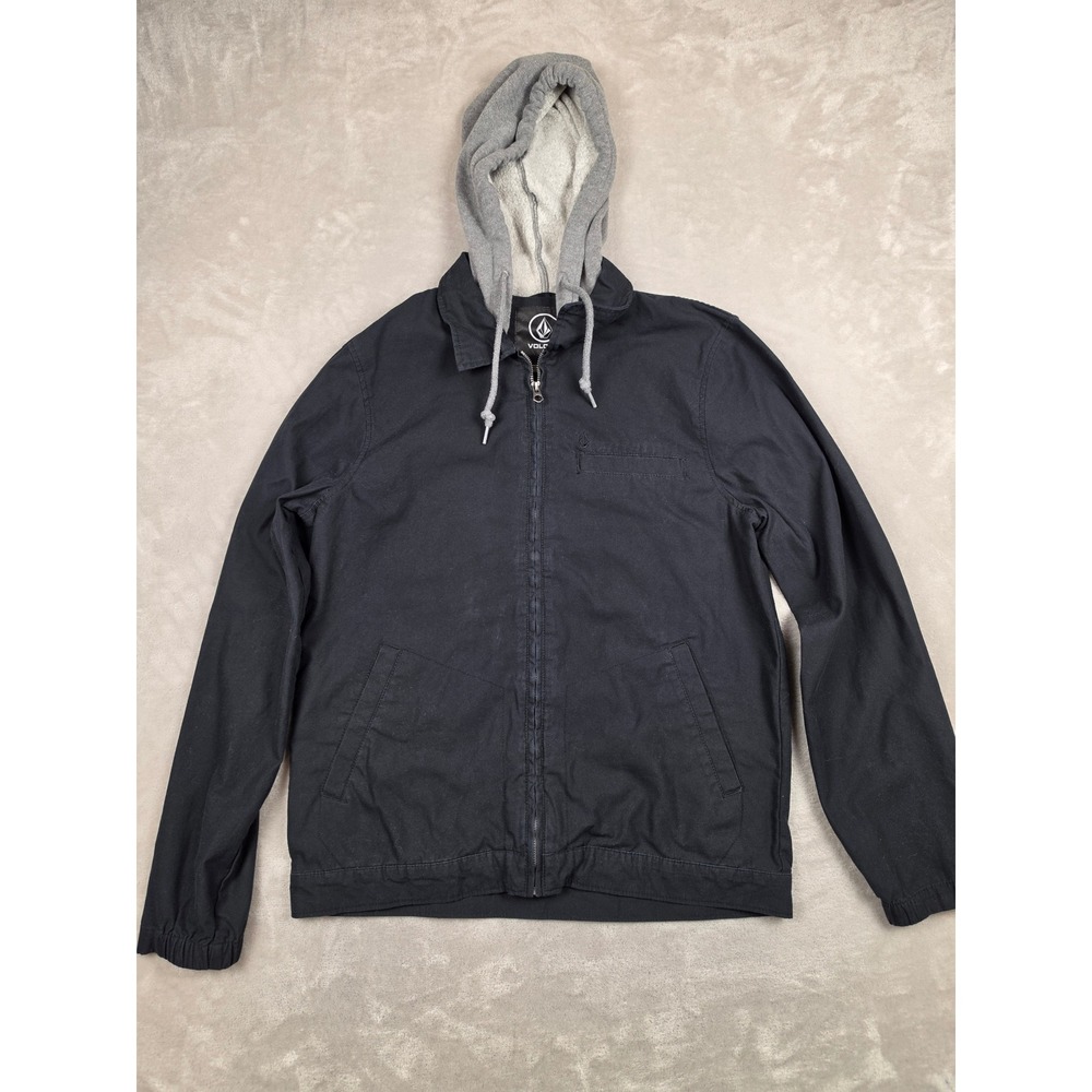 Volcom Hooded Light Jacket Mens M Black Full Zip Workwear Skater Coat Unlined